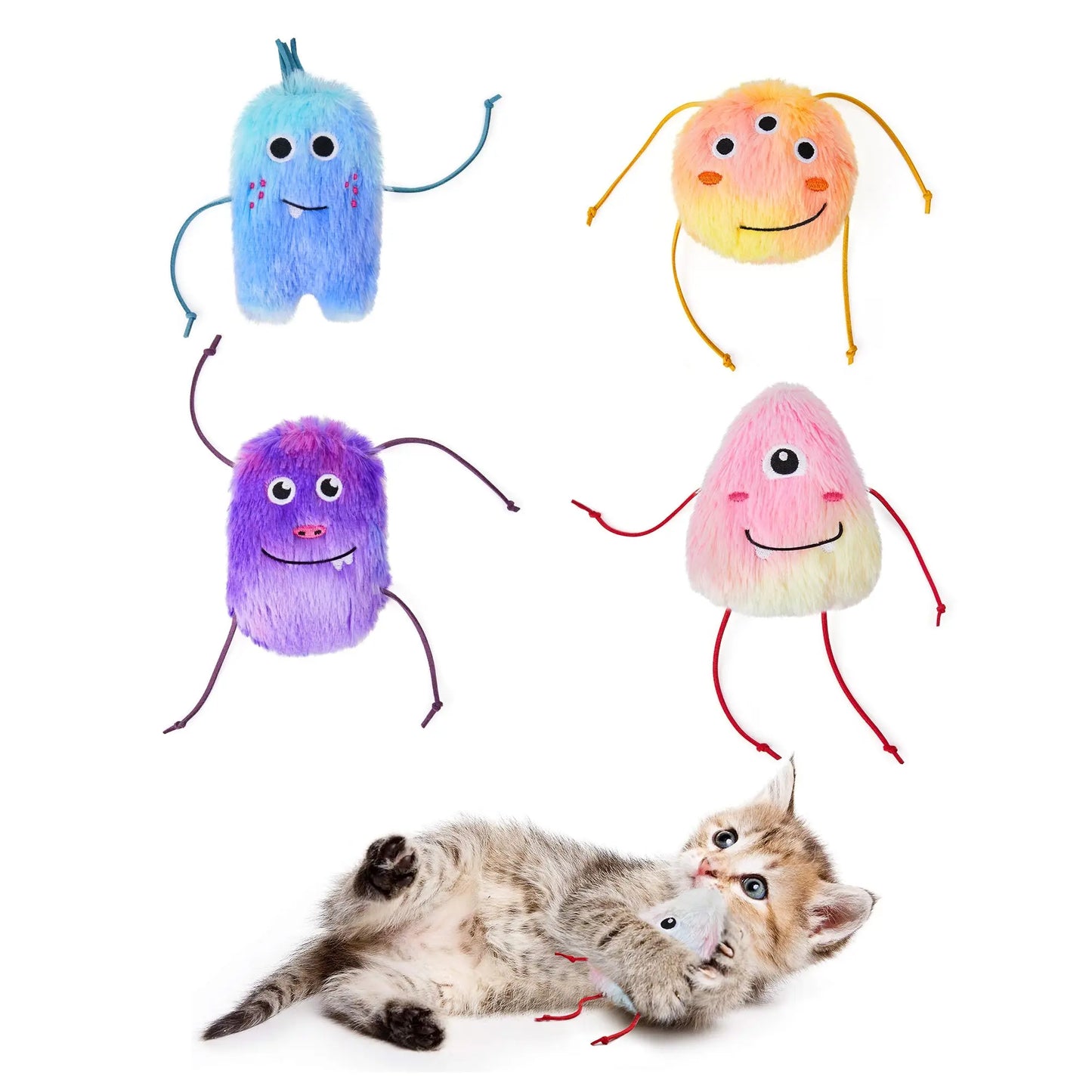 Cat Toys 4 Pack Monster Design with Catnip Crinkle Sound, Soft and Durable - Printsforpet