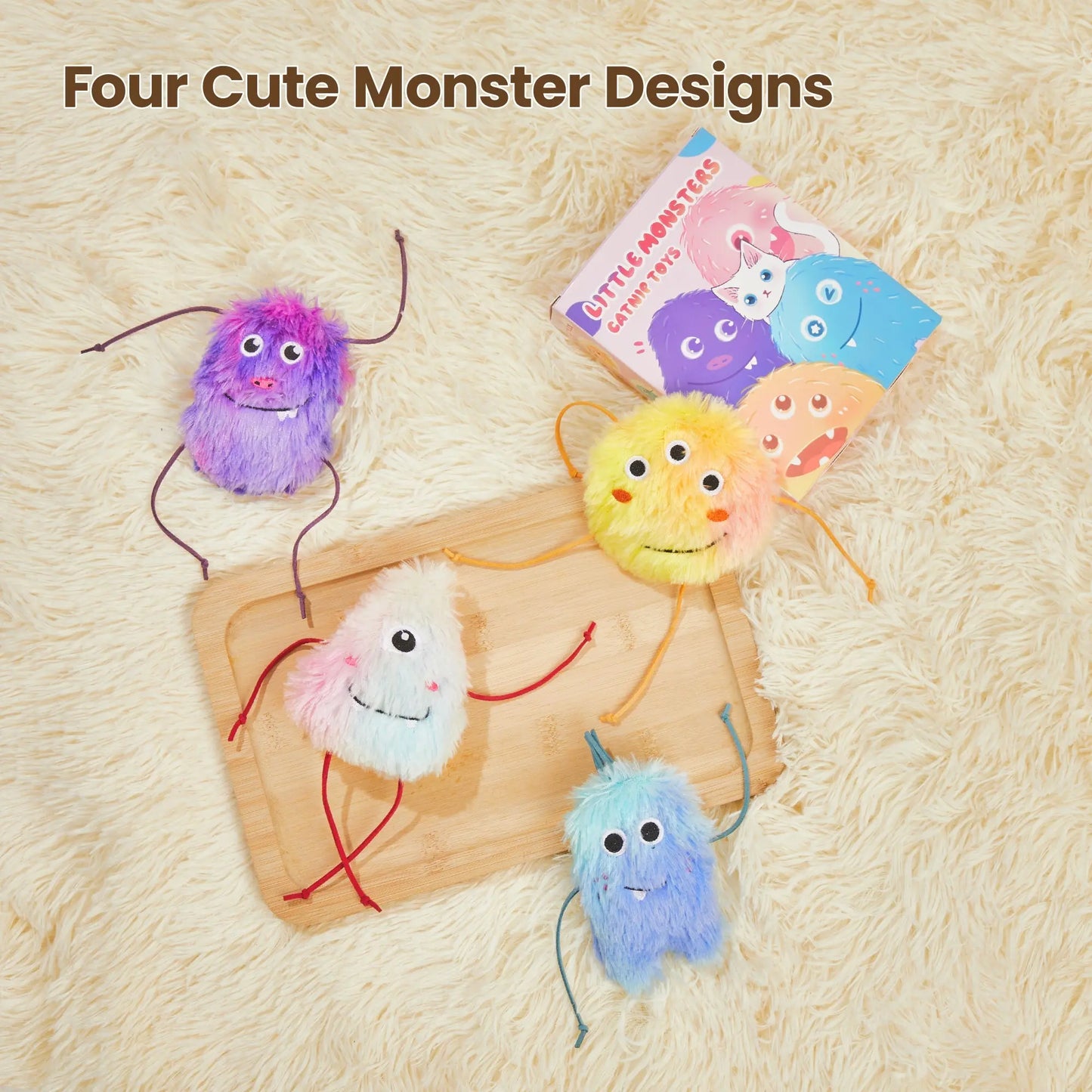 Cat Toys 4 Pack Monster Design with Catnip Crinkle Sound, Soft and Durable - Printsforpet