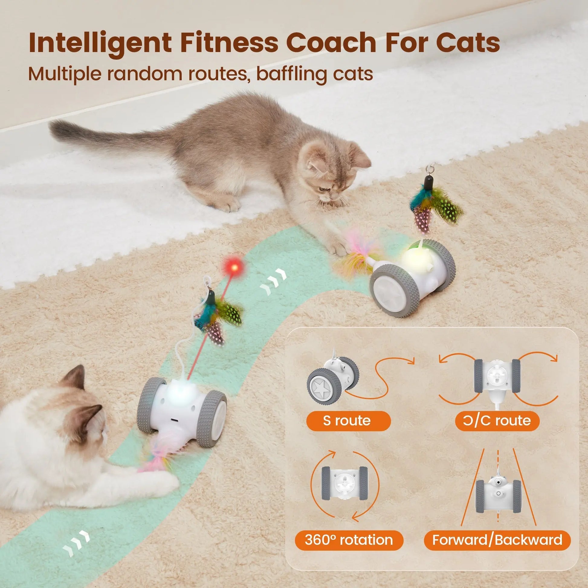 Cat Laser Toys Interactive 3in1, Rechargeable, Automatic Moving Wheels - Printsforpet