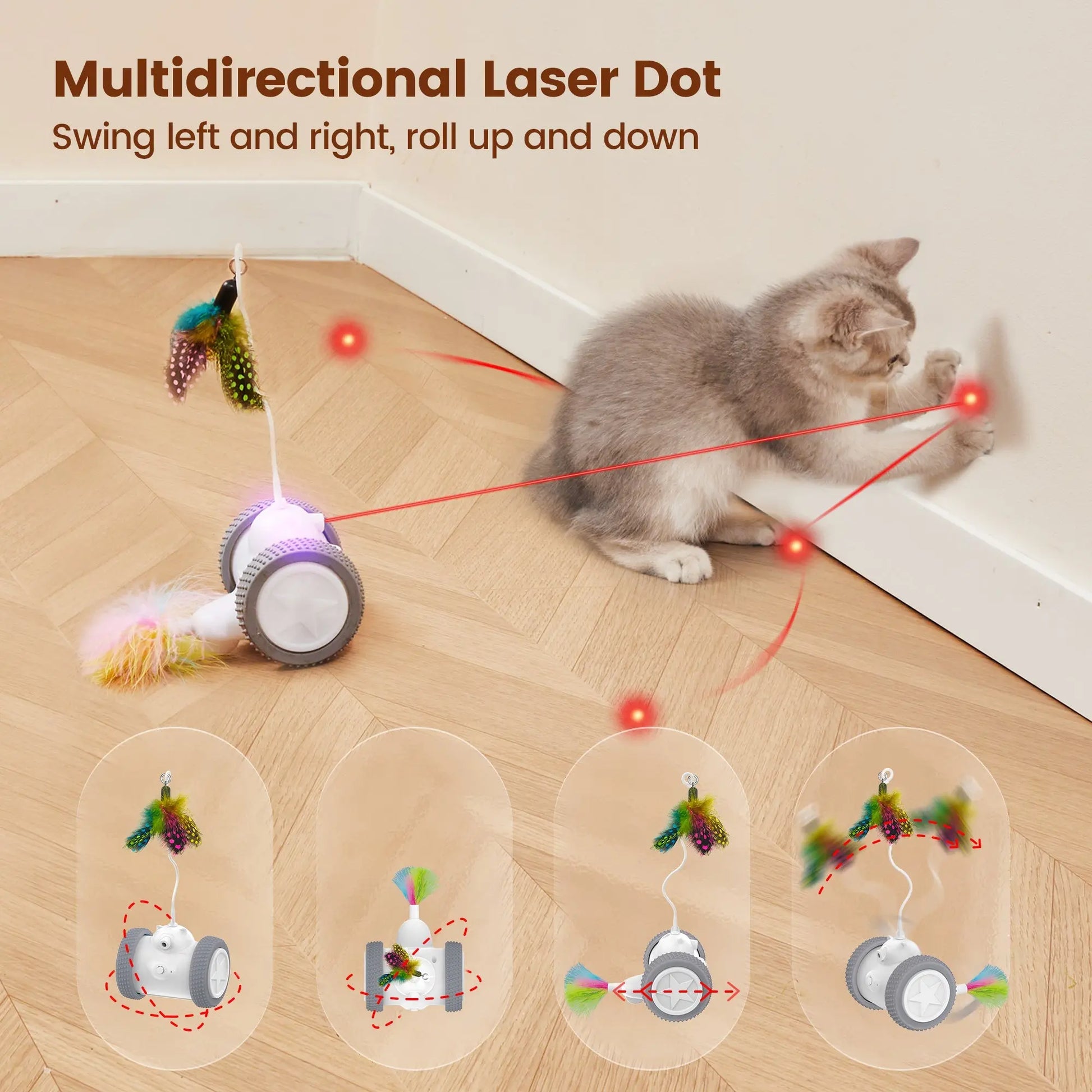 Cat Laser Toys Interactive 3in1, Rechargeable, Automatic Moving Wheels - Printsforpet