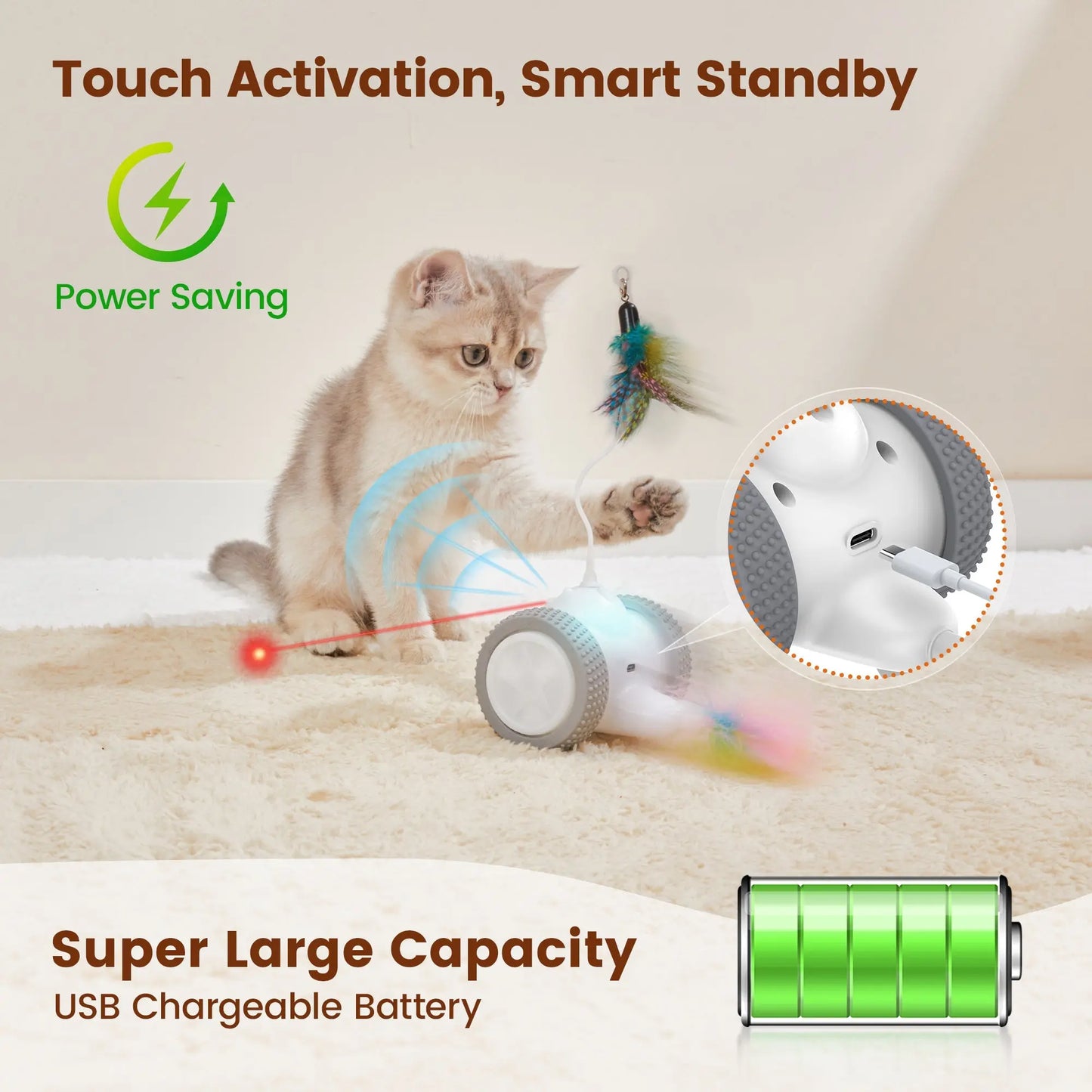 Cat Laser Toys Interactive 3in1, Rechargeable, Automatic Moving Wheels - Printsforpet