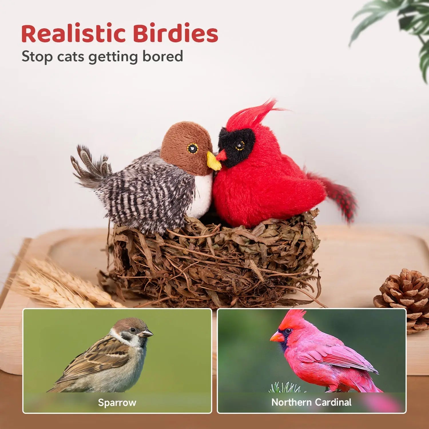 Cat Toys Chirping Birds 2 Pcs: Sparrow & Northern Cardinal - Printsforpet