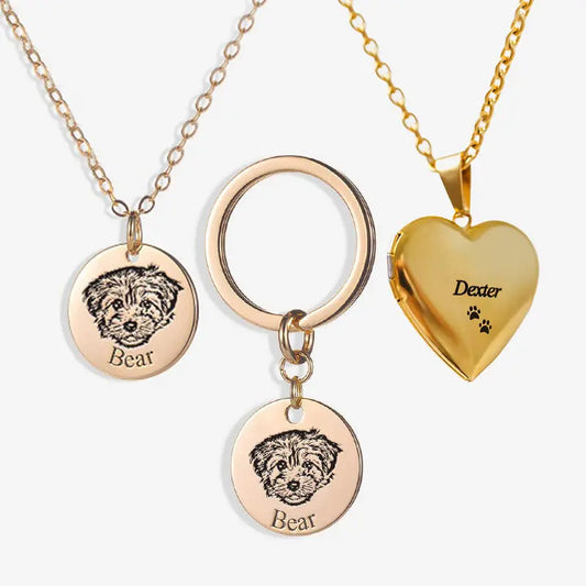 Personalized Pet Face Necklace, Keychain and Locket Heart Necklace (3 piece set) Printsforpet