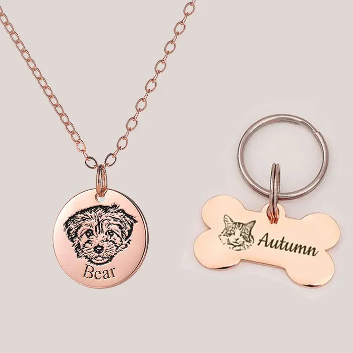 Custom Memory Dog Necklace and Pet Face Bone Keychain (2 Items) Printsforpet