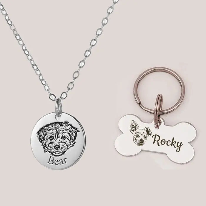 Custom Memory Dog Necklace and Pet Face Bone Keychain (2 Items) Printsforpet